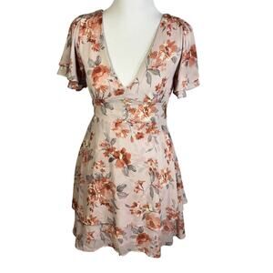 Altar'd State Tiered V Neck Floral Mini Dress Womens Size M Feminine Orange Pink